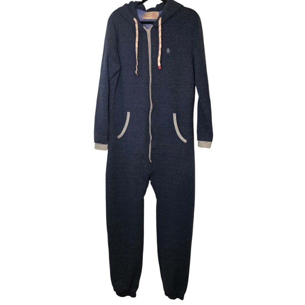 Original Penguin Mens Space Dye Blue Hooded Coveralls sz M 2-way zipper